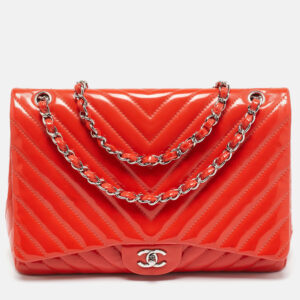 Chanel Orange Chevron Patent Leather Maxi Classic Single Flap Bag