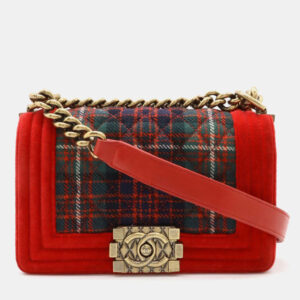 Chanel Red Velvet and Quilted Plaid Paris-Edinburgh Boy Bag