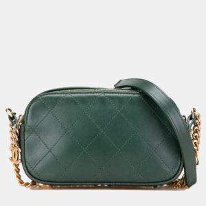 Chanel Dark Green Leather Calfskin Double Zip Camera Bag