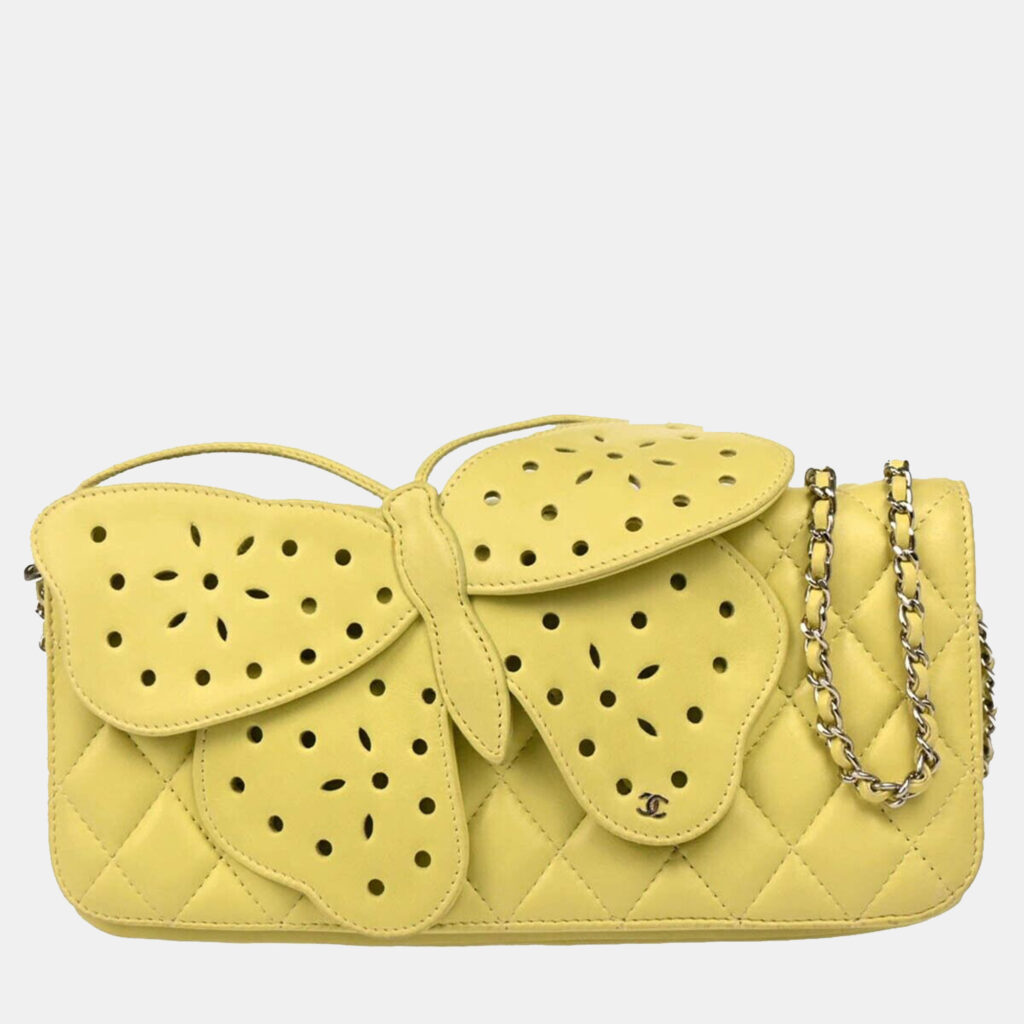 luxury-women-chanel-used-handbags-p1136408-008 Chanel Lime Green Lambskin Leather Butterfly Shoulder Bag