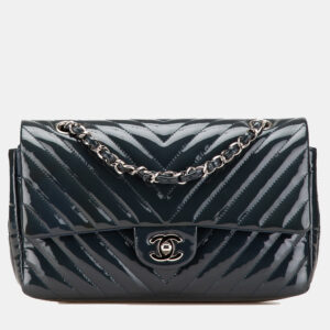 Chanel Navy Blue Medium Classic Chevron Patent Double Flap Bag