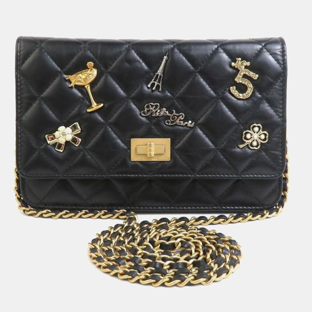 luxury-women-chanel-used-handbags-p1137210-002 Chanel Black Lambskin 2.55 Chain Wallet Bag