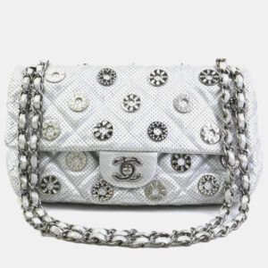 Chanel Silver Leather and Metal Rhinestone Paris-Dubai Perforated Eyelet Shoulder Bag