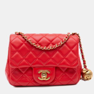 Chanel Red Mini Square Classic Lambskin Pearl Crush Single Flap Bag
