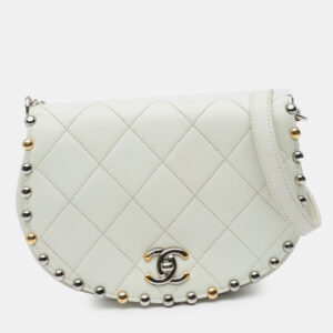 Chanel White Small Quilted Lambskin Studded Bubble Flap Bag