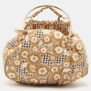 Chanel Beige Camellia Print Canvas CC Metal Handle Hobo