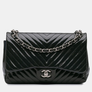 Chanel Navy Blue Jumbo Classic Chevron Patent Double Flap Bag