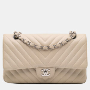 Chanel Beige Medium Classic Chevron Lambskin Double Flap Bag