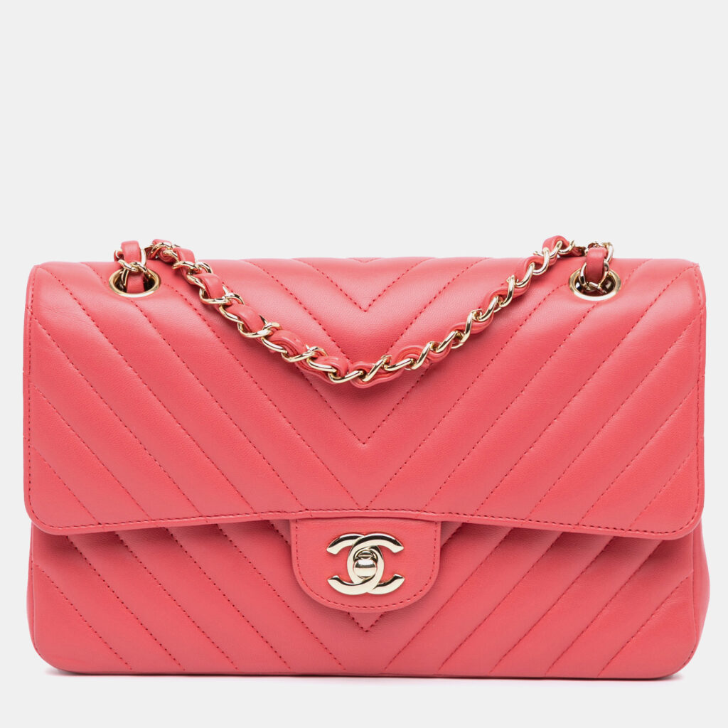 luxury-women-chanel-used-handbags-p1139277-008 Chanel Pink Medium Classic Chevron Lambskin Double Flap Bag
