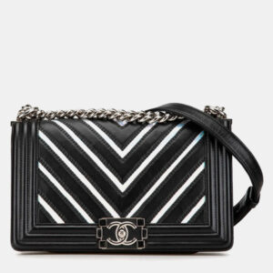 Chanel Black Silver Lambskin Patent Leather Chevron Boy Shoulder Bag