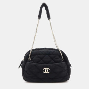 Chanel Black Cotton Jersey Bubble Quilt Chain Shoulder Bag