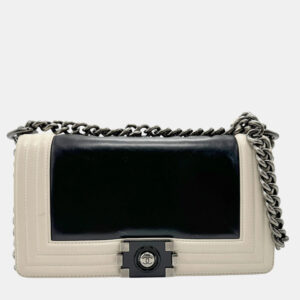 Chanel Black/Off-White Leather  Boy Shoulder Bag