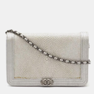 Chanel Boy Chanel Coco Mark Chain Wallet Shoulder Bag Pochette Galuchat Metallic Leather Silver