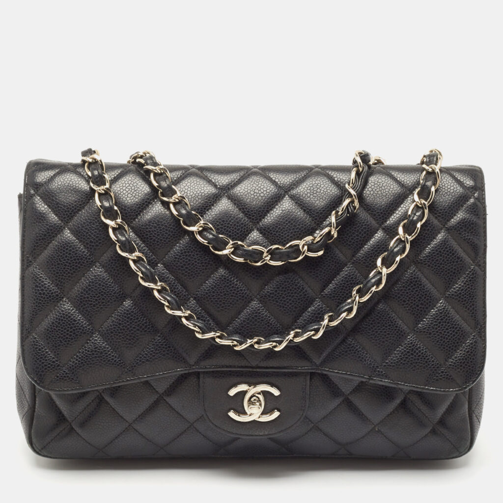 luxury-women-chanel-used-handbags-p1141580-014 Chanel Black Quilted Caviar Leather Jumbo Classic Single Flap Bag