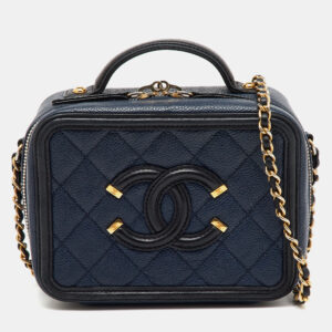 chanel navy blue/black quilted caviar leather small cc filigree vanity case bag