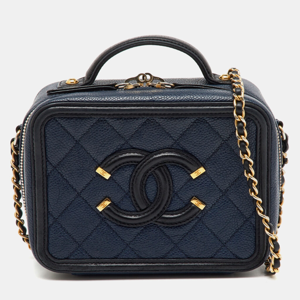 Chanel Navy Blue/Black Quilted Caviar Leather Small CC Filigree Vanity Case Bag