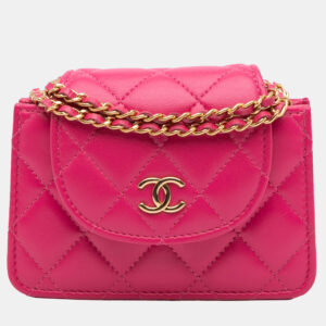 Chanel Pink CC Quilted Lambskin Flap Clutch On Chain