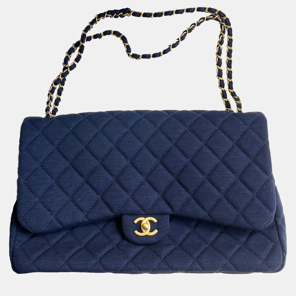 luxury-women-chanel-used-handbags-p1143537-001 Chanel Blue Knit Microchip Version XXL Classic Flap Shoulder Bag