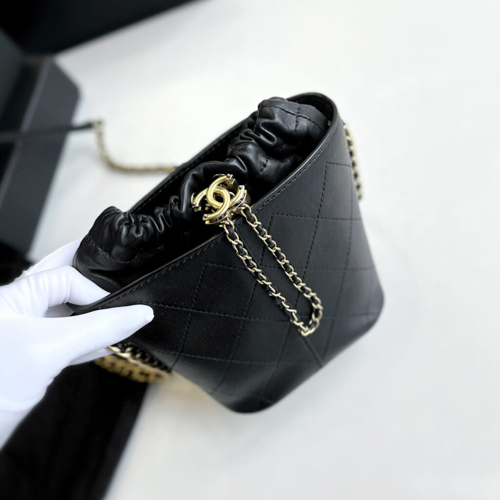 luxury-women-chanel-used-handbags-p1143568-004 Chanel Black Leather Small Drawstring Bucket Bag