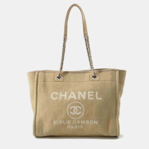 Chanel Beige Canvas and Leather Deauville MM Chain Shoulder Bag