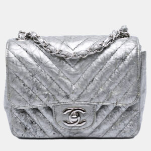 Chanel Silver Mini Square Classic Chevron Metallic Crumpled Patent Single Flap