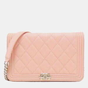 Chanel Pink Leather Boy Wallet On Chain