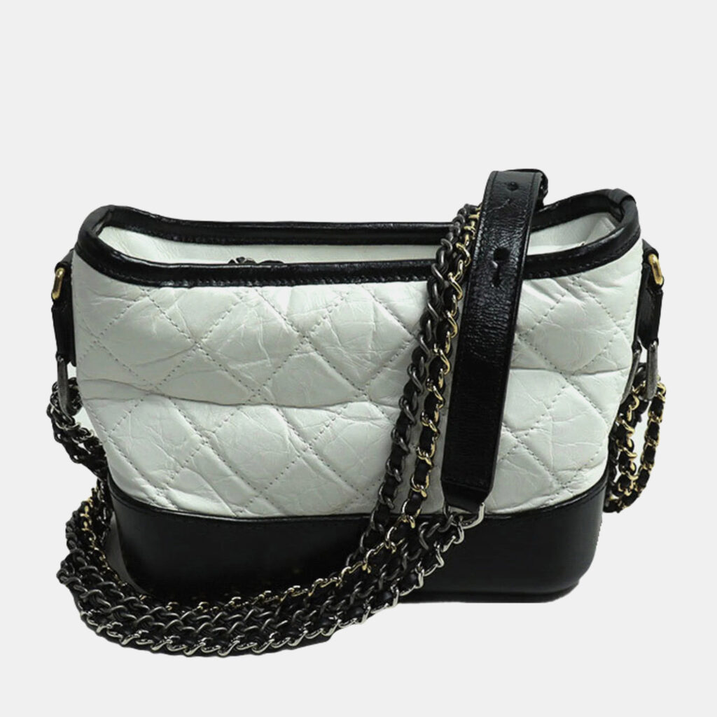 luxury-women-chanel-used-handbags-p1144014-008 Chanel White and Black Calfskin Gabrielle Small Hobo Shoulder Bag