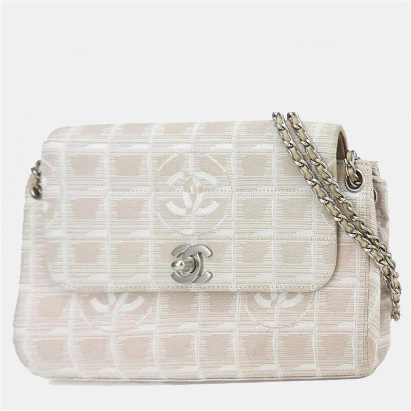 luxury-women-chanel-used-handbags-p1144056-010 Chanel Pink and Beige Nylon Travel Line Flap Chain Shoulder Bag