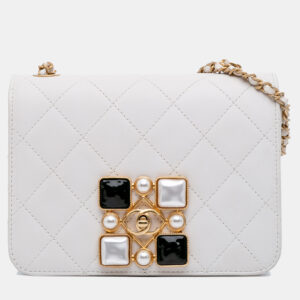 Chanel Ivory Small CC Quilted Calfskin Crystal Pearl Full Flap