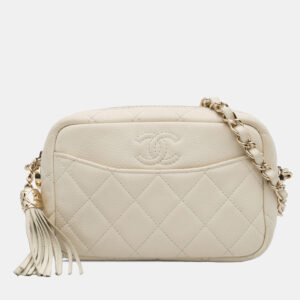 Chanel White Small CC Flat Quilted Caviar Camera Bag