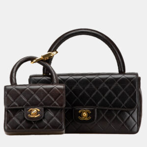 Chanel Black Lambskin Parent Child Kelly Set Top Handle Bag