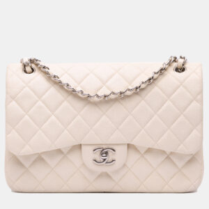 Chanel White Jumbo Classic Caviar Double Flap