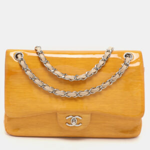 Chanel Yellow Striped Patent Leather Jumbo Classic Double Flap Bag
