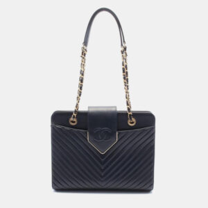 Chanel Navy Chevron Leather V-Stitch Tote Bag