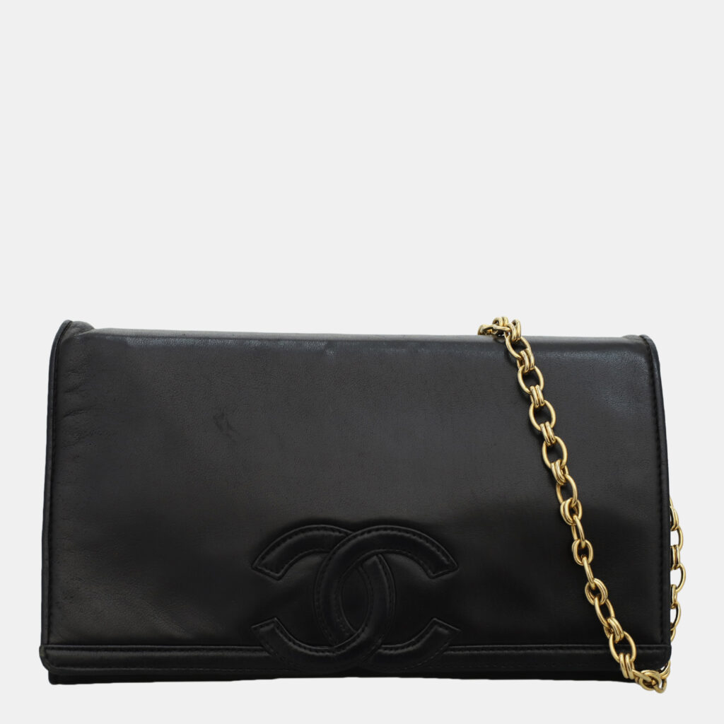 luxury-women-chanel-used-handbags-p1147267-002 Chanel Black Leather Vintage Timeless Flap Clutch with Chain