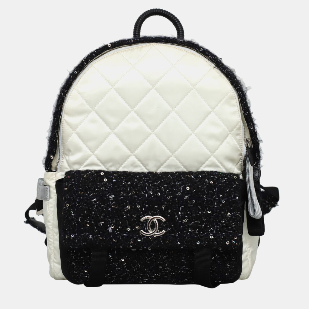 luxury-women-chanel-used-handbags-p1147276-001 Chanel White & Black Leather, Nylon, Tweed Quilted Nylon & Tweed Backpack