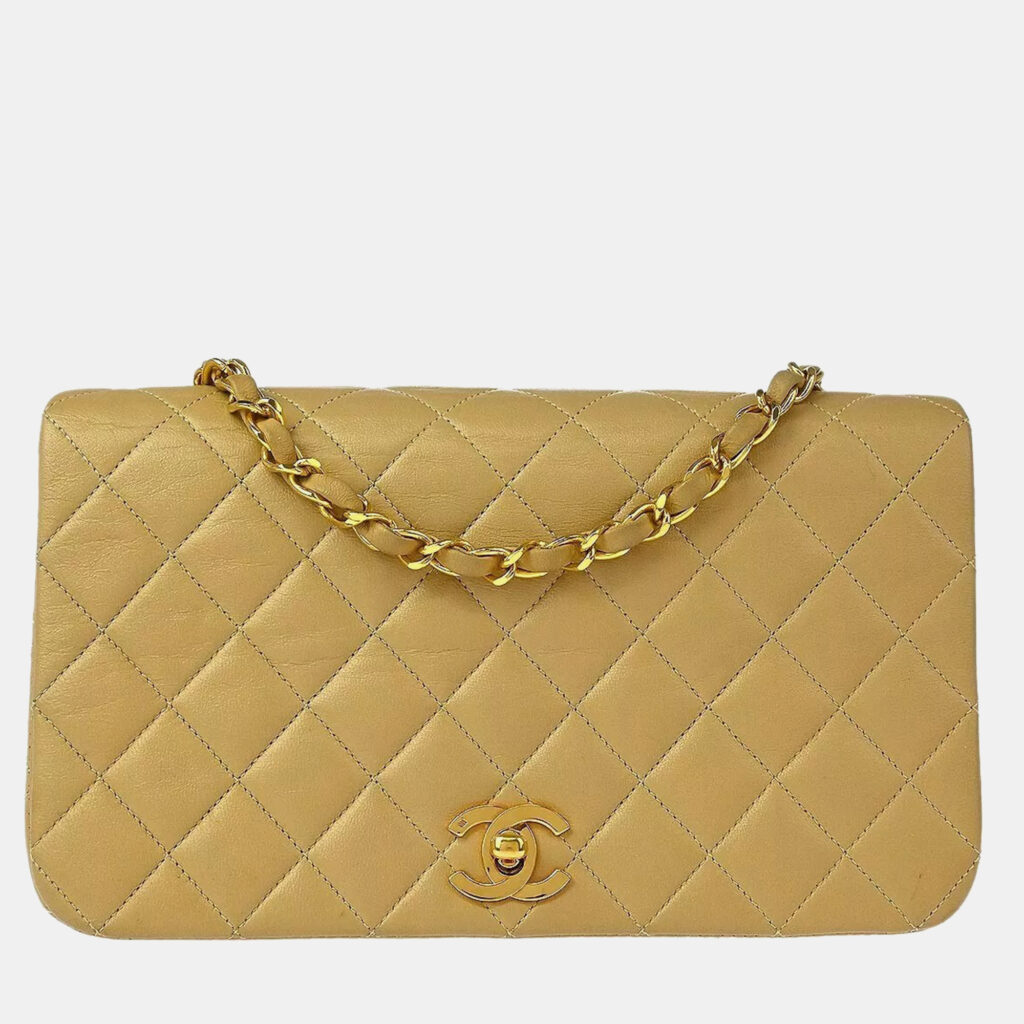 luxury-women-chanel-used-handbags-p1149047-008 Chanel Beige Lambskin Turnlock Small Full Flap Shoulder Bag