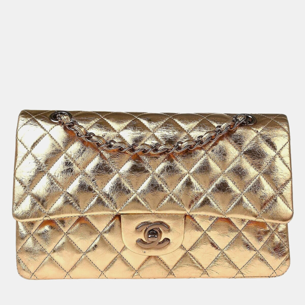 luxury-women-chanel-used-handbags-p1149056-010 Chanel Gold Metallic Lambskin Medium Classic Double Flap Shoulder Bag