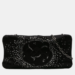 Chanel Black Satin Diamante Camellia Clutch with Chain