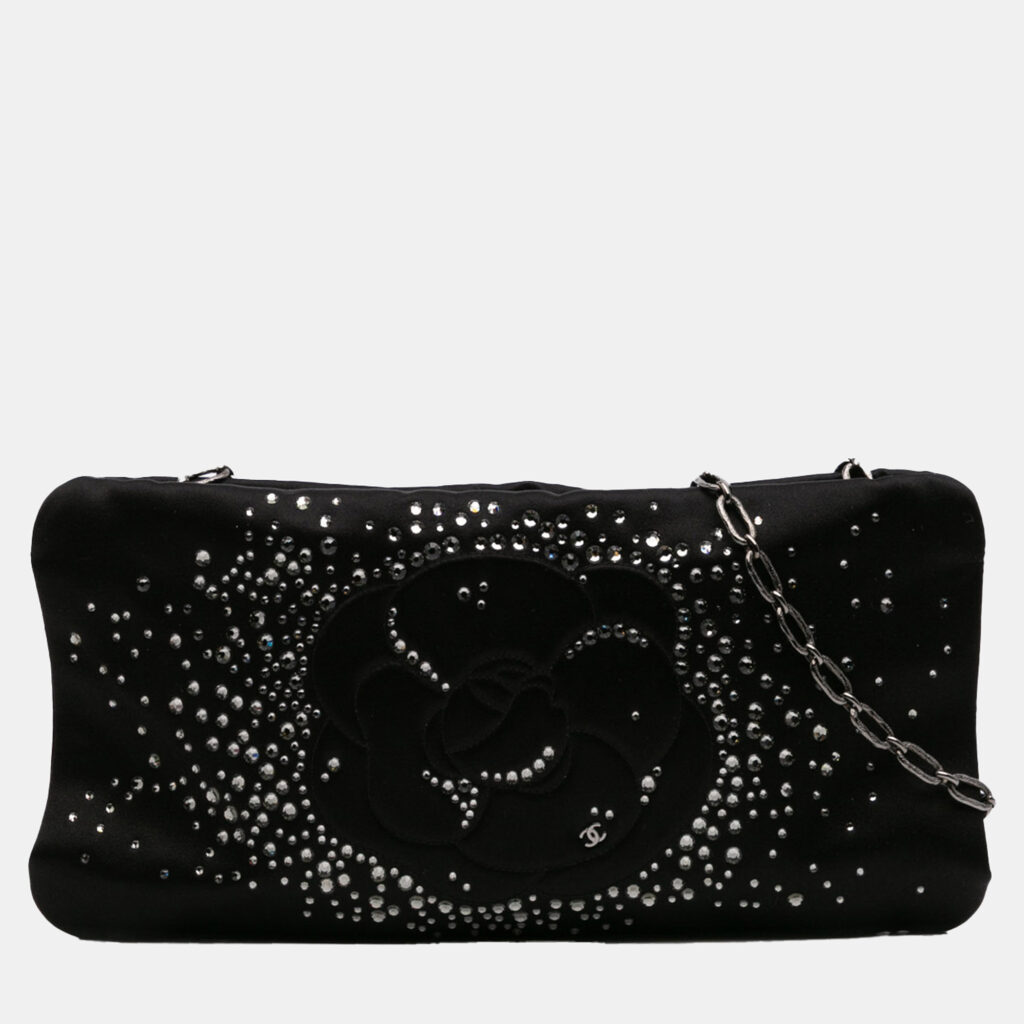luxury-women-chanel-used-handbags-p1149458-009 Chanel Black Satin Diamante Camellia Clutch with Chain