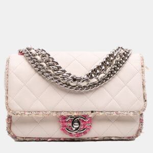 Chanel White Quilted Lambskin and Tweed Elegant Trim Flap