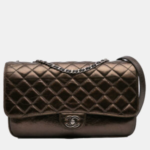Chanel Brown Medium Metallic Crackled Calfskin Clams Pocket Flap