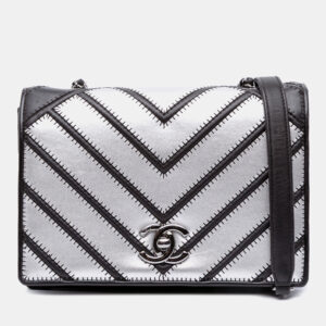 Chanel Black/Silver Lambskin  Small Chevron Couture Flap