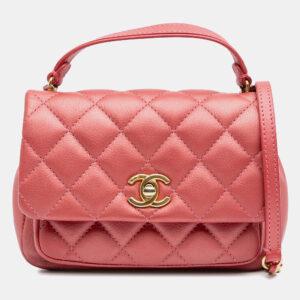 Chanel Pink Quilted Metallic Calfskin Top Handle Flap