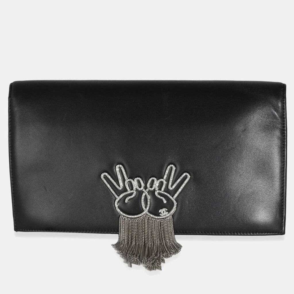 luxury-women-chanel-used-handbags-p1150199-005 Chanel Black Lambskin Crystal Peace Sign Emoji Fold Over Clutch