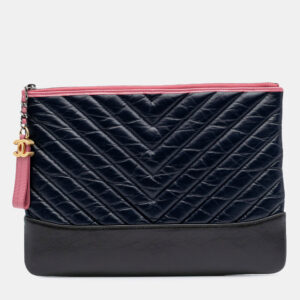 chanel black/blue calfskin medium chevron aged gabrielle cosmetic clutch