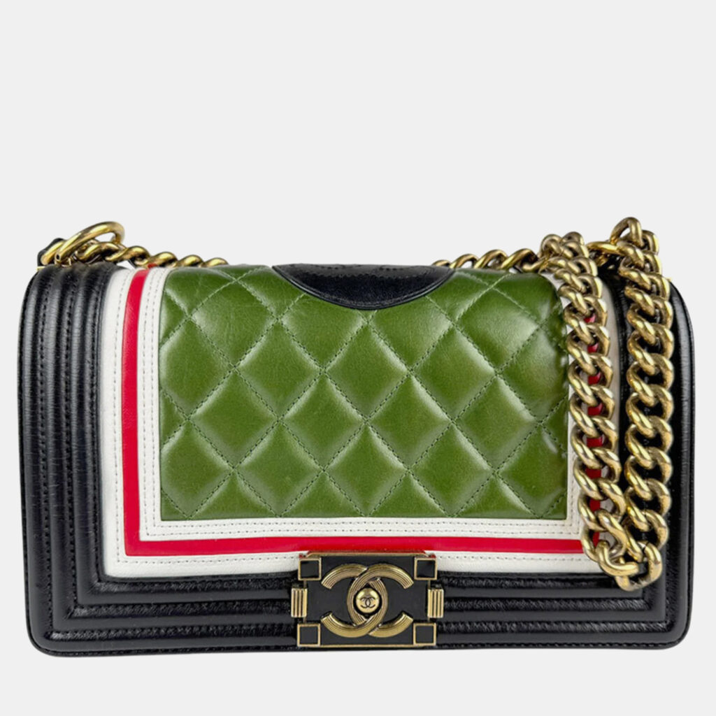 luxury-women-chanel-used-handbags-p1150652-001 Chanel Green Black Leather Boy Chain Shoulder Bag