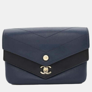 Chanel Navy Black Sheepskin Chevron Quilted Double Chevron Bag