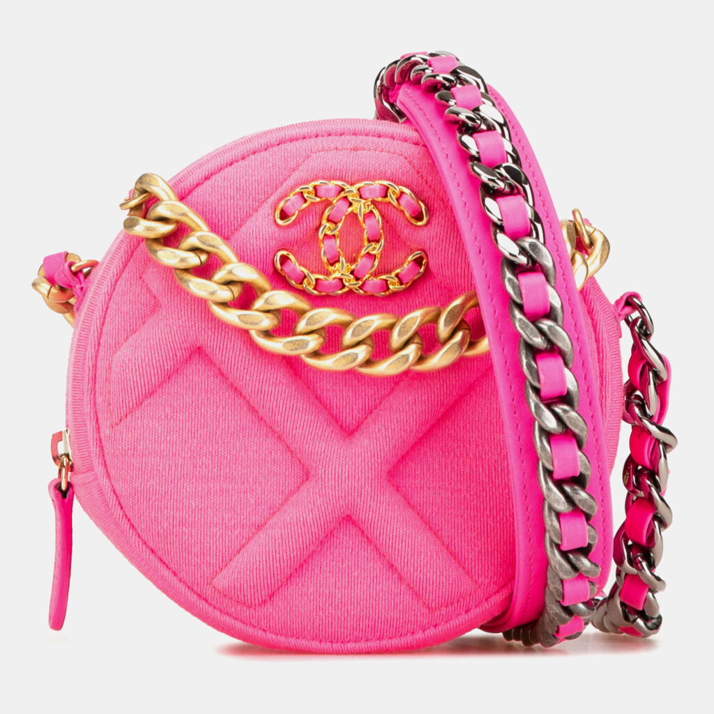 luxury-women-chanel-used-handbags-p1151013-005 Chanel Hot Pink Jersey 19 Round Clutch on Chain