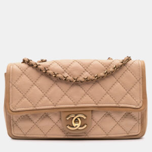 Chanel Beige/Brown Medium Bicolor Calfskin Graphic Flap